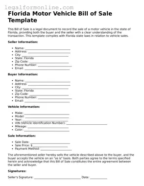  Motor Vehicle Bill of Sale Form for Florida