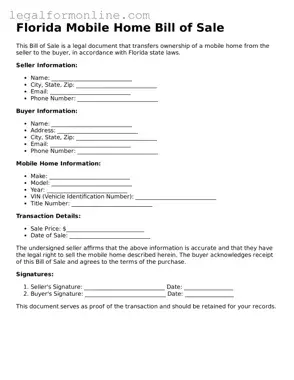  Mobile Home Bill of Sale Form for Florida