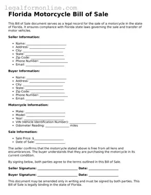  Motorcycle Bill of Sale Form for Florida