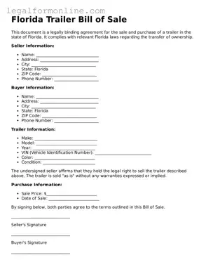  Trailer Bill of Sale Form for Florida