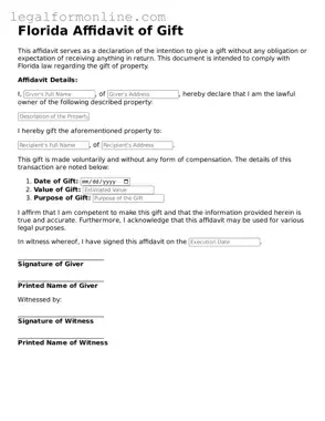  Affidavit of Gift Form for Florida