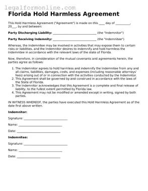  Hold Harmless Agreement Form for Florida