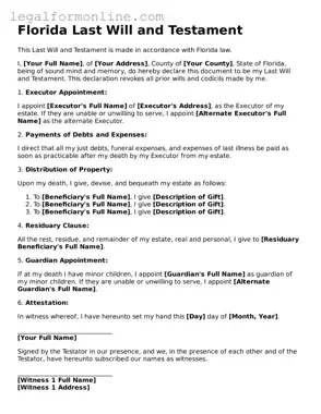  Last Will and Testament Form for Florida