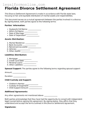  Divorce Settlement Agreement Form for Florida