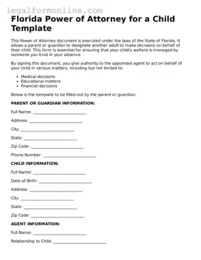  Power of Attorney for a Child Form for Florida