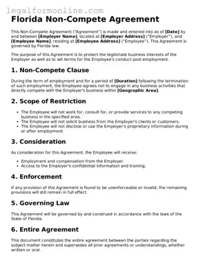 Non-compete Agreement Form for Florida