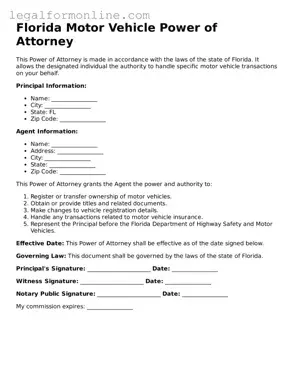  Motor Vehicle Power of Attorney Form for Florida