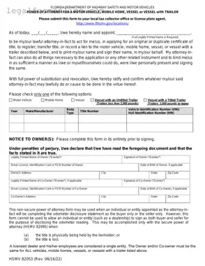 Florida Vehicle POA form 82053 Template in PDF