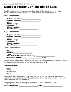  Motor Vehicle Bill of Sale Form for Georgia