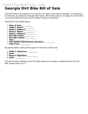  Dirt Bike Bill of Sale Form for Georgia