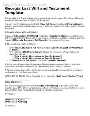  Last Will and Testament Form for Georgia