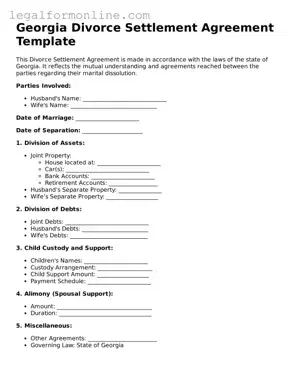  Divorce Settlement Agreement Form for Georgia