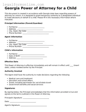  Power of Attorney for a Child Form for Georgia