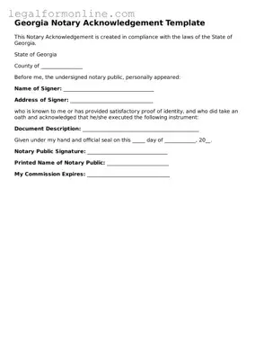  Notary Acknowledgement Form for Georgia