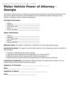  Motor Vehicle Power of Attorney Form for Georgia