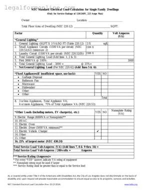 LADBS NEC Standard Electrical Load Calculation Template in PDF