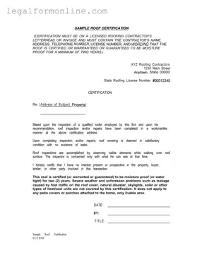 Sample Roof Certification Template in PDF