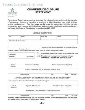 Texas Odometer Statement Template in PDF