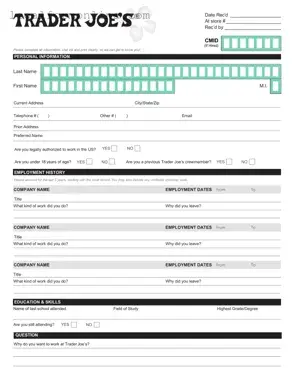 Trader Joe's application Template in PDF