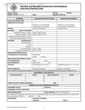 Welder Performance Qualification Record Template in PDF