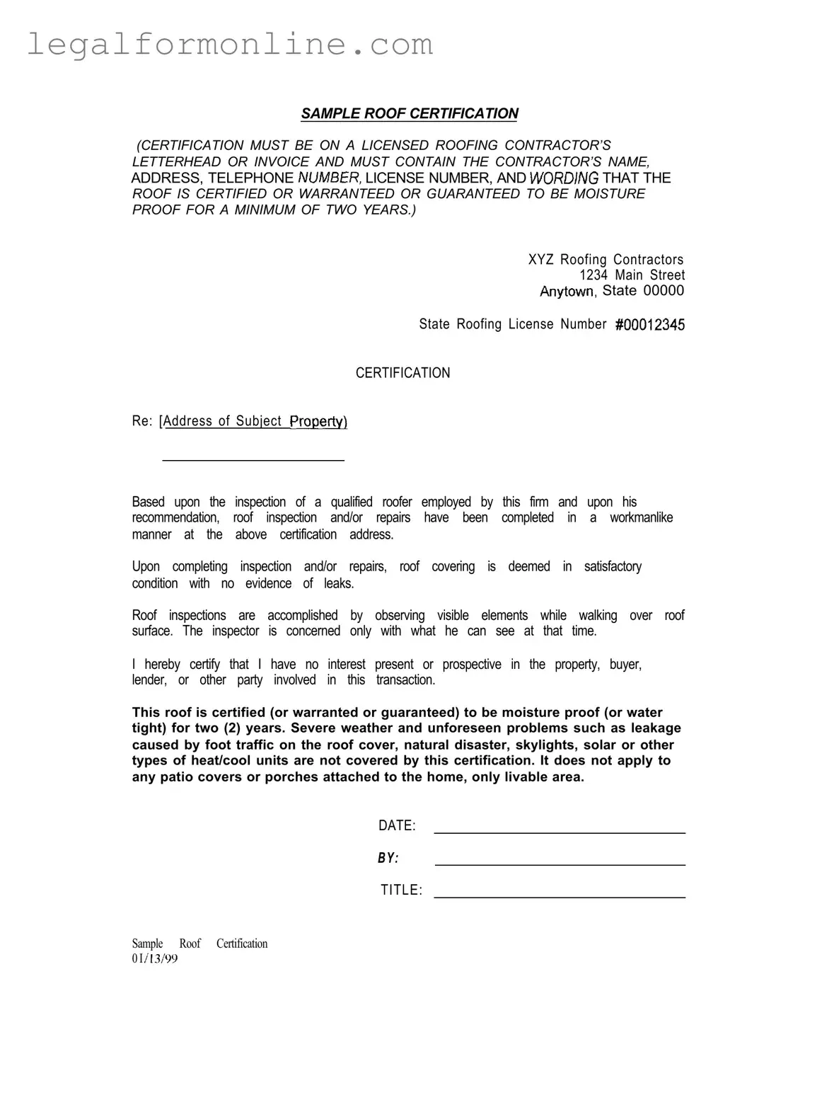 Sample Roof Certification Template in PDF