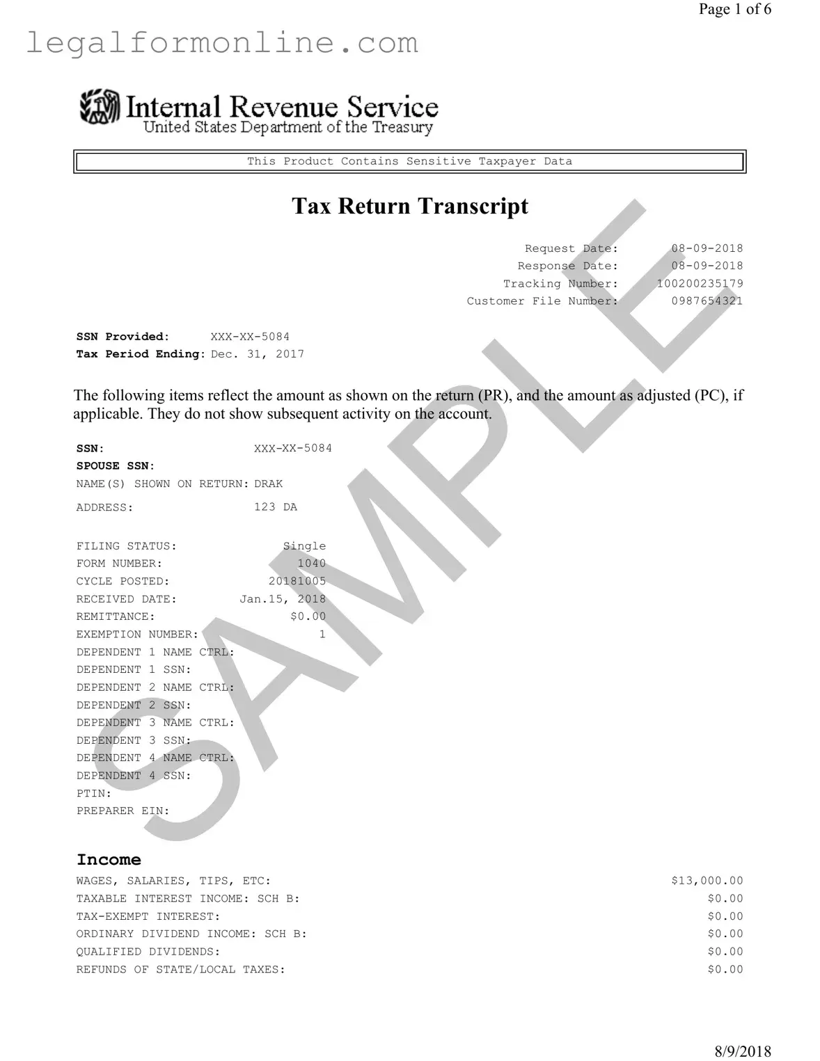 Sample Tax Return Transcript Template in PDF