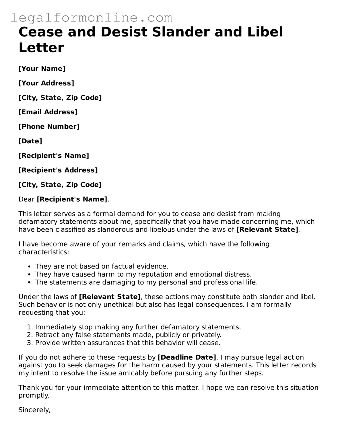 Attorney-Approved Cease and Desist Slander and Libel Letter Template