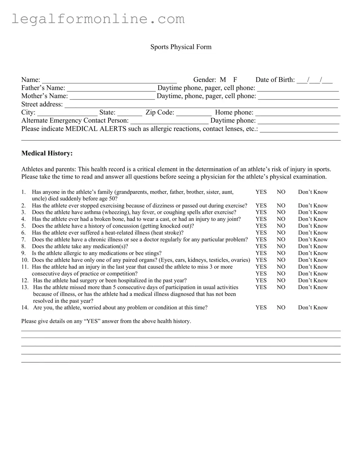 Sports Physical Template in PDF