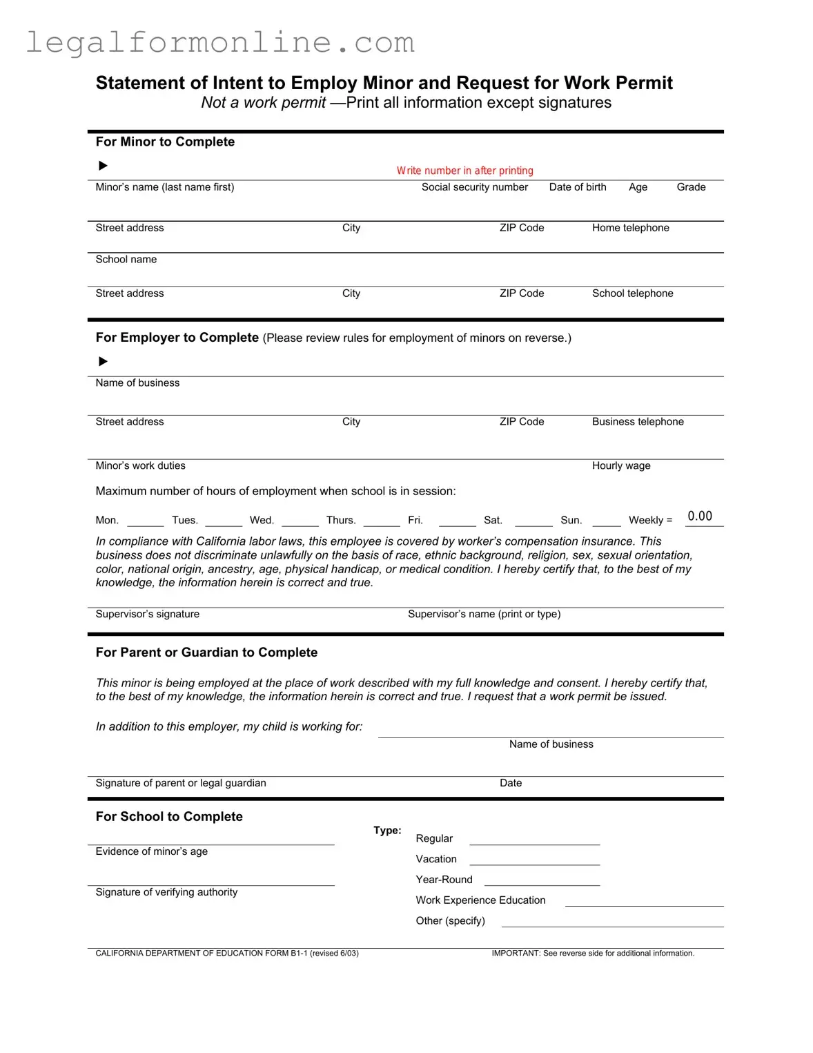 Statement of Intent to Employ Minor and Request for Work Permit Template in PDF