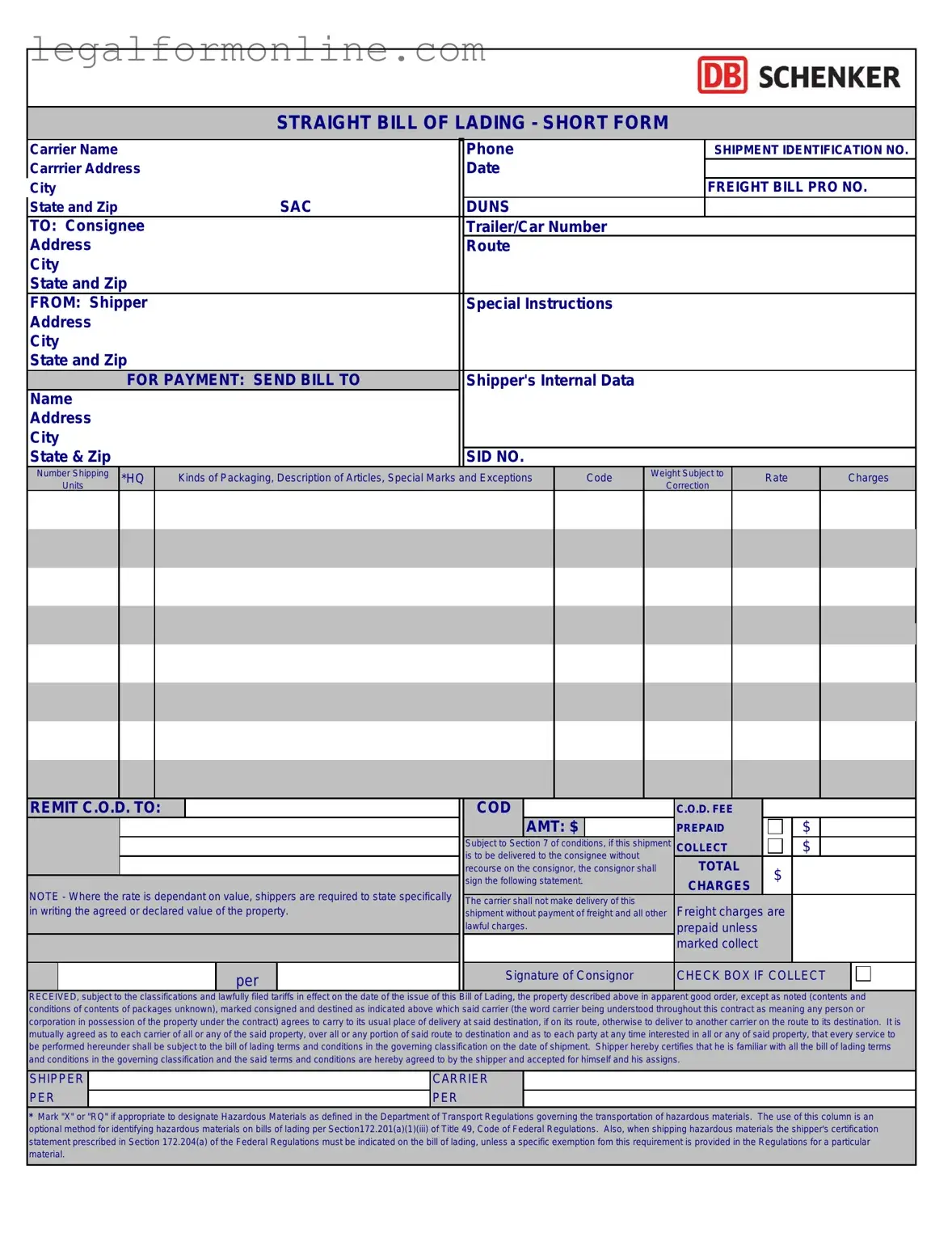 Straight Bill Of Lading Template in PDF