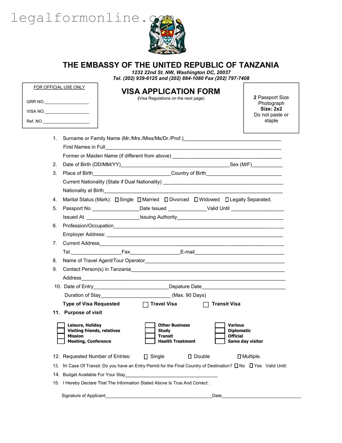 Tanzania Visa Applicaiton Template in PDF