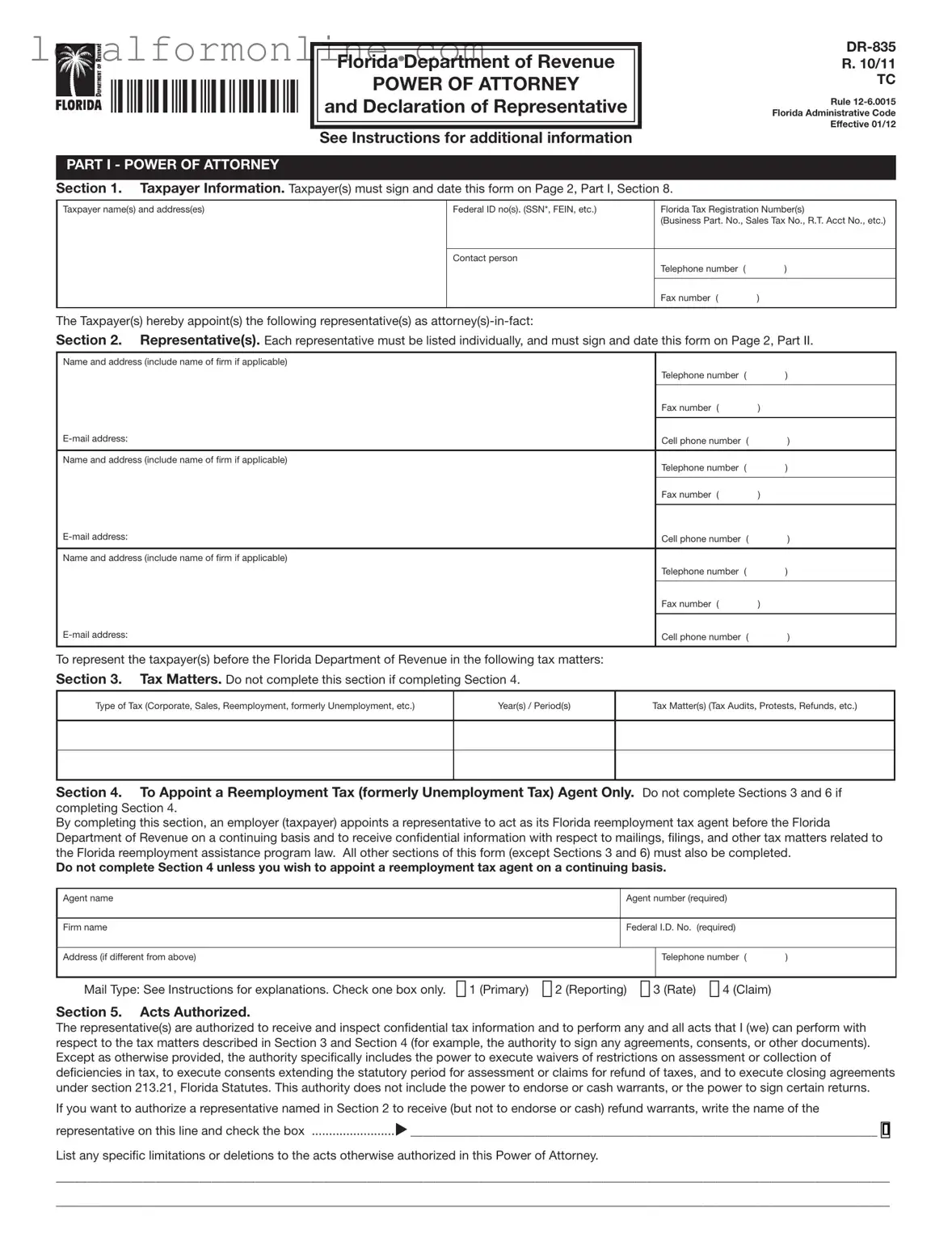 Tax POA dr 835 Template in PDF