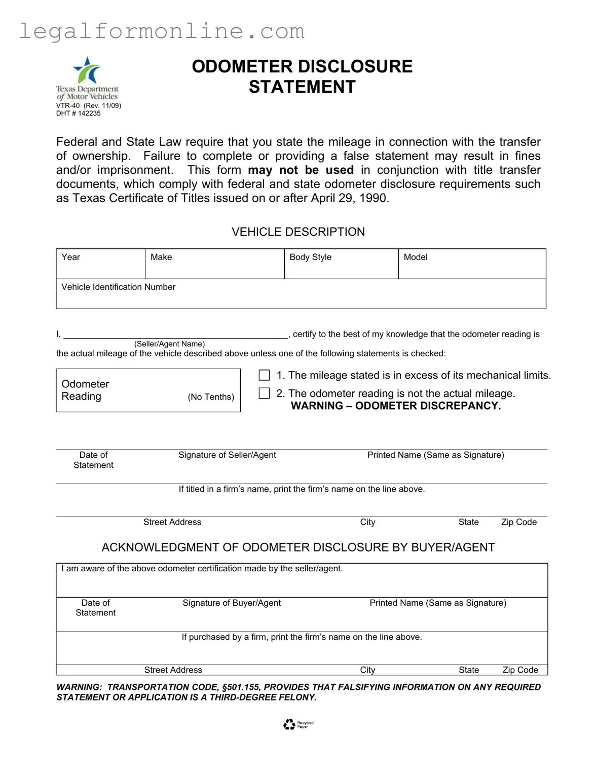 Texas Odometer Statement Template in PDF