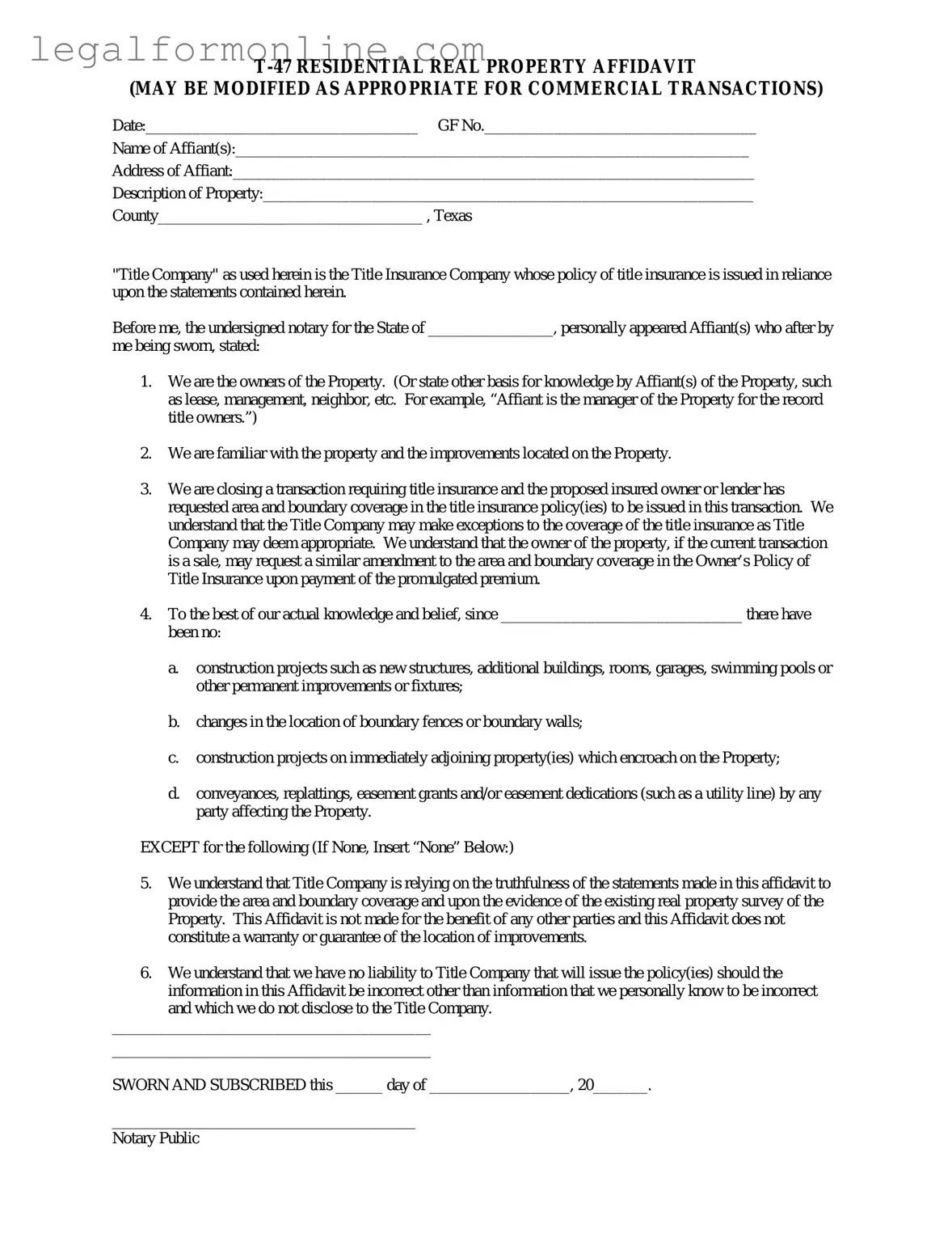 Texas residential property affidavit T-47 Template in PDF