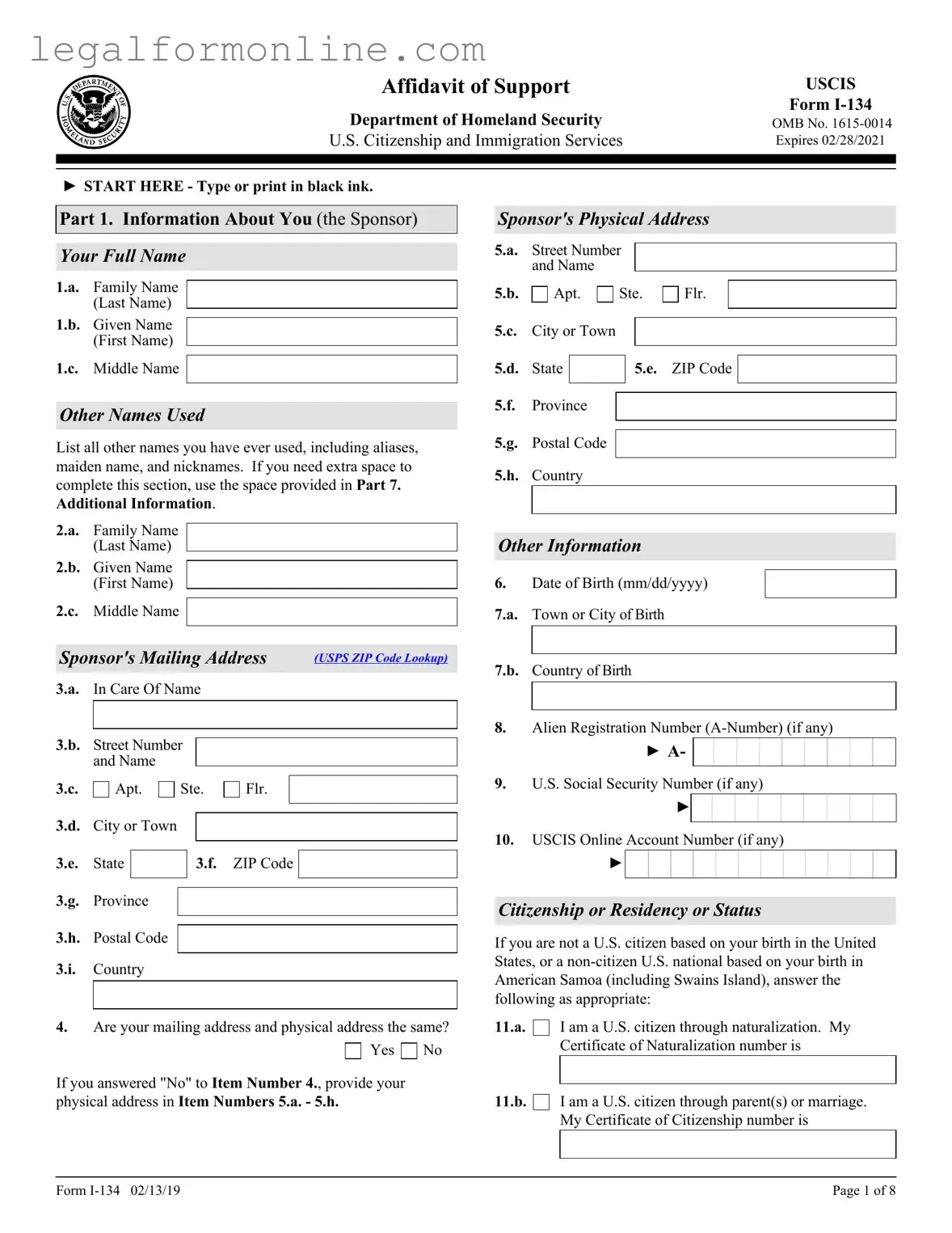 USCIS I-134 Template in PDF