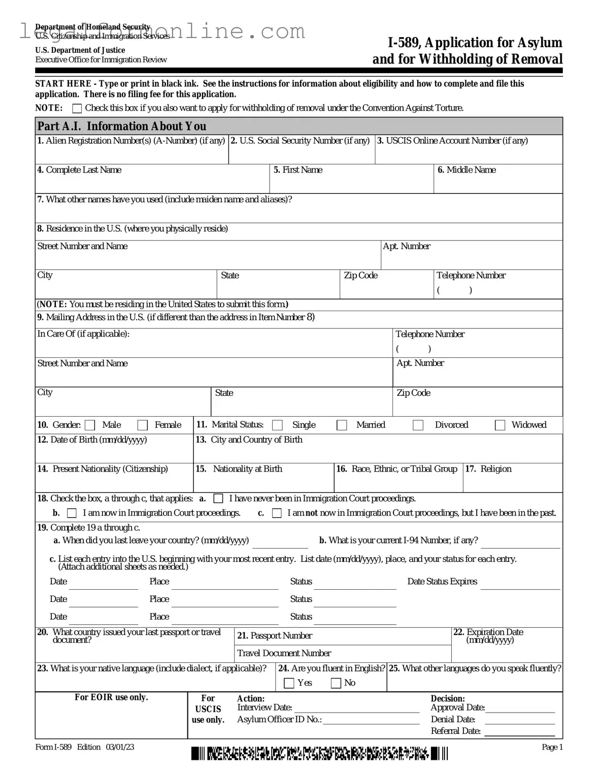 USCIS I-589 Template in PDF