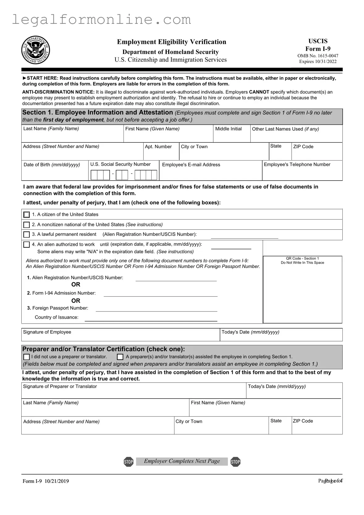 USCIS I-9 Template in PDF
