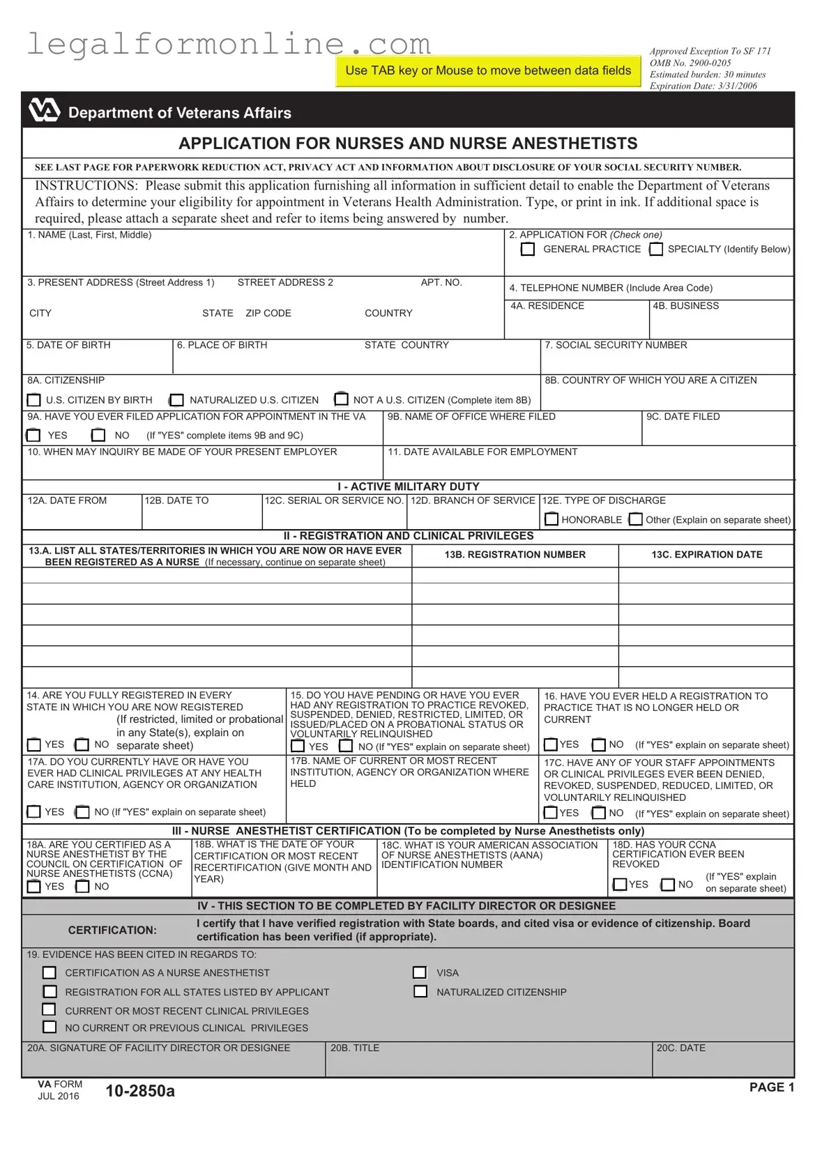 VA 10-2850a Template in PDF