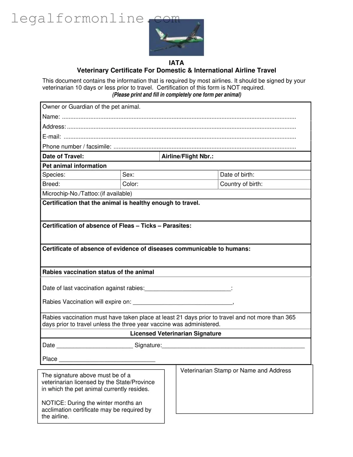Veterinary Certificate Travel Template in PDF