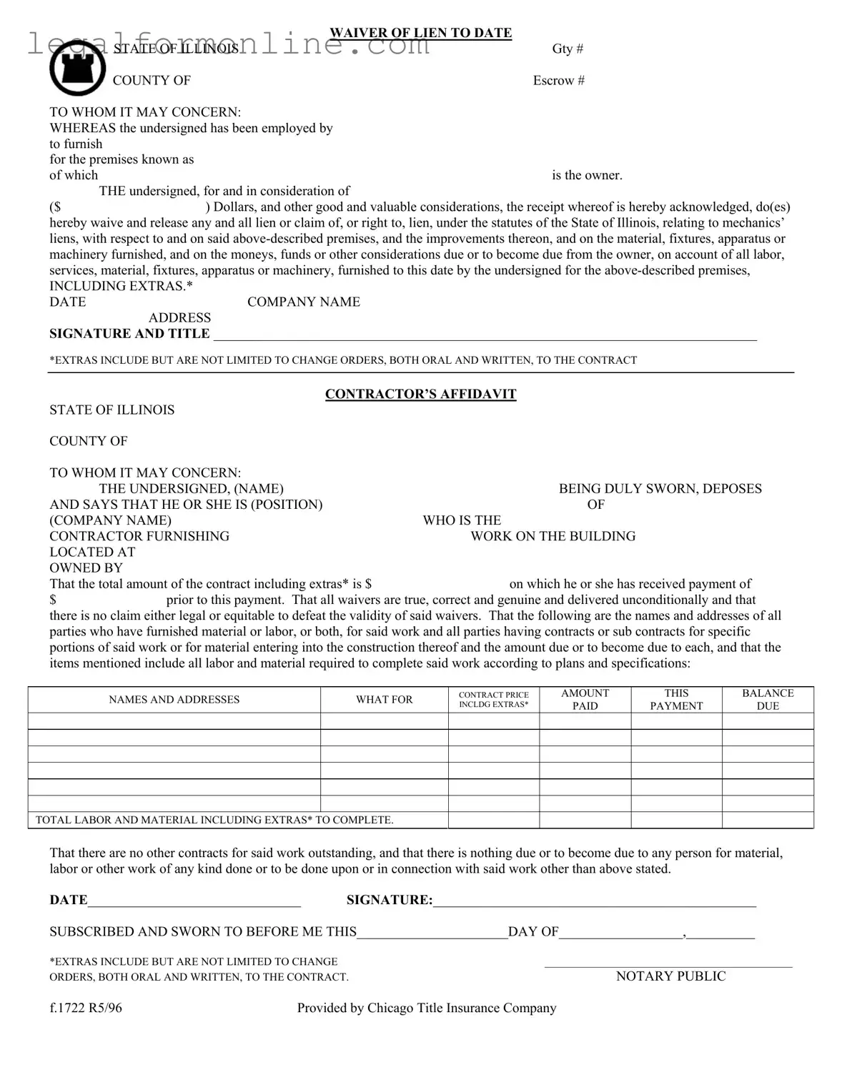 Chicago Title Waiver Format Template in PDF