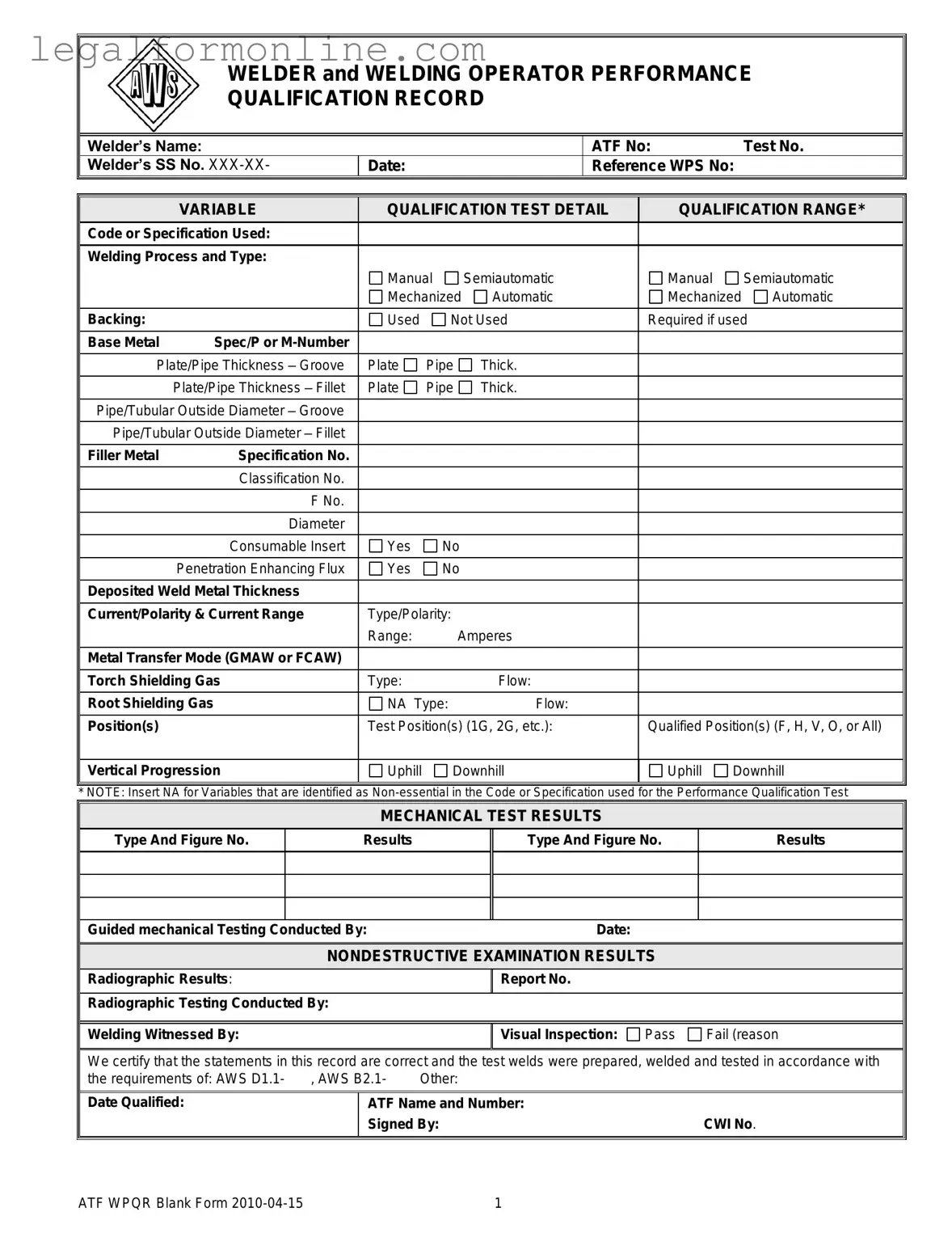 Welder Performance Qualification Record Template in PDF