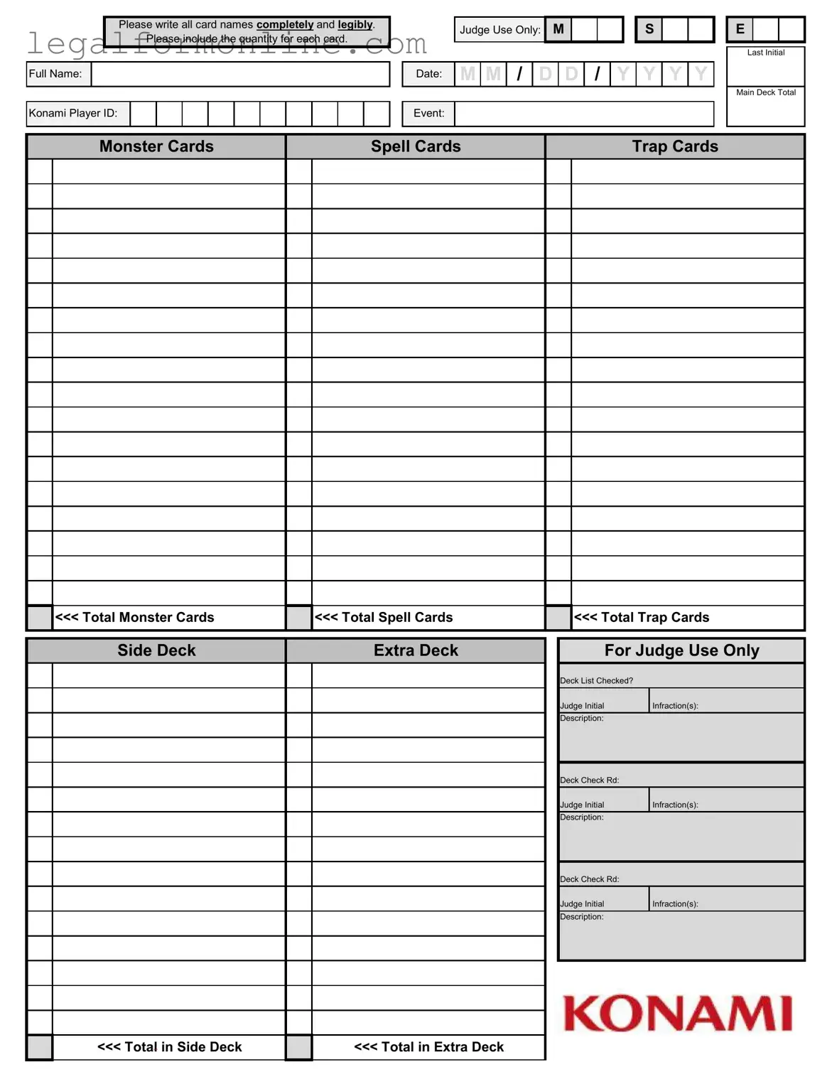 Konami Decklist Template in PDF